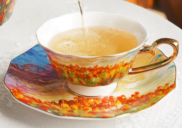 Elegant Ceramic Coffee Cups, Flower Field Vintage Bone China Porcelain Tea Cup Set, Unique British Tea Cup and Saucer in Gift Box, Royal Ceramic Cups-ArtWorkCrafts.com