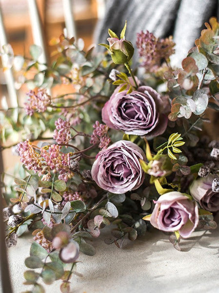 Artificial Floral for Bedroom, Bunch of Purple Rose Flowers, Eucalyptus globulus, Botany Plants, Creative Flower Arrangement Ideas for Home Decoration-ArtWorkCrafts.com