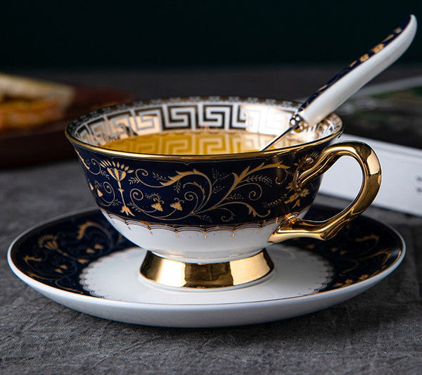 Unique Blue Tea Cup and Saucer in Gift Box, Blue Bone China Porcelain Tea Cup Set, Royal Ceramic Cups, Elegant Ceramic Coffee Cups-ArtWorkCrafts.com