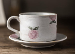 Cappuccino Coffee Mug, Rose Flower Pattern Coffee Cup, Tea Cup, Pottery Coffee Cups, Coffee Cup and Saucer Set-ArtWorkCrafts.com