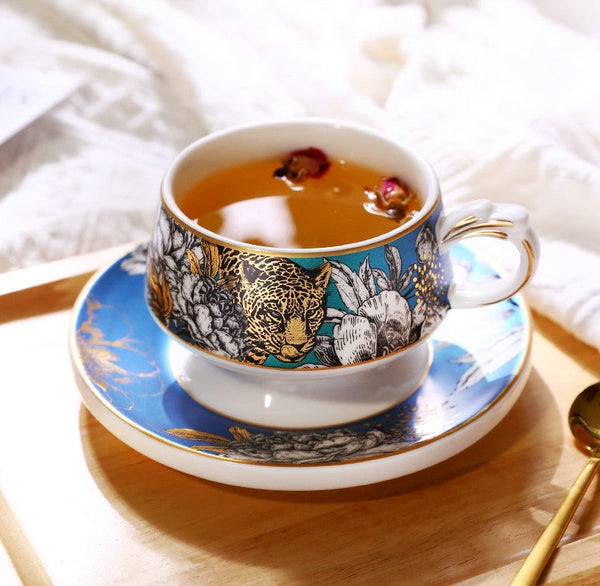 Creative Ceramic Tea Cups and Saucers, Jungle Tiger Cheetah Porcelain Coffee Cups, Unique Ceramic Cups with Gold Trim and Gift Box-ArtWorkCrafts.com
