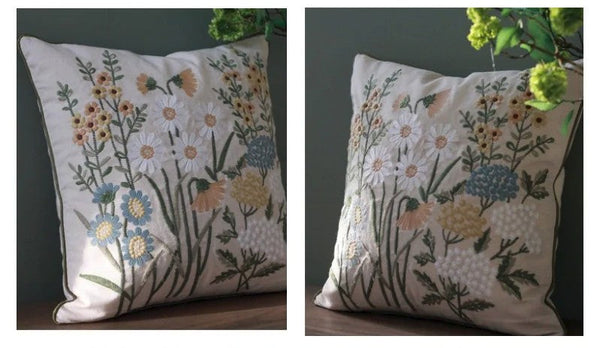 Decorative Pillows for Sofa, Flower Decorative Throw Pillows, Embroider Flower Cotton Pillow Covers, Farmhouse Decorative Throw Pillows-ArtWorkCrafts.com