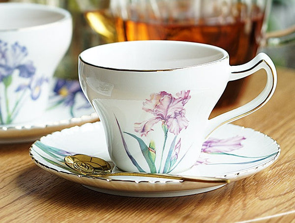Iris Flower British Tea Cups, Beautiful Bone China Porcelain Tea Cup Set, Traditional English Tea Cups and Saucers, Unique Ceramic Coffee Cups in Gift Box-ArtWorkCrafts.com