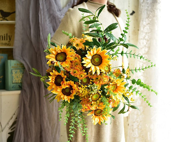 Large Bunch of Yellow Sunflowers, Unique Floral Arrangement for Home Decoration, Table Centerpiece, Real Touch Artificial Flowers for Living Room-ArtWorkCrafts.com