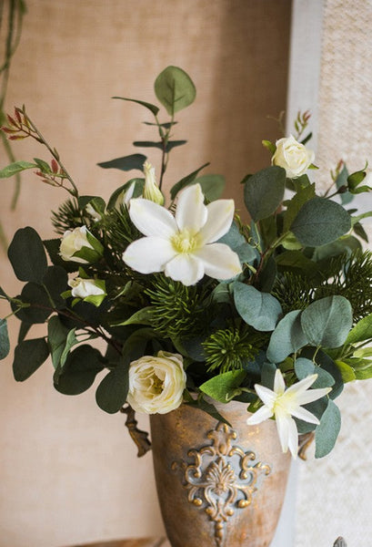 Eucalyptus Globulus, Clematis, White Rose Flowers, Unique Flower Arrangement for Home Decoration, Beautiful Modern Artificial Flowers for Dining Room Table-ArtWorkCrafts.com