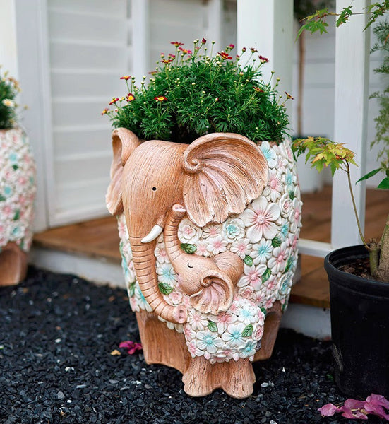 Beautiful Elephant Flowerpot, Modern Garden Flower Pot, Unique Animal Statue for Garden Ornaments, Resin Statue for Garden, Villa Outdoor Decor Gardening Ideas-ArtWorkCrafts.com