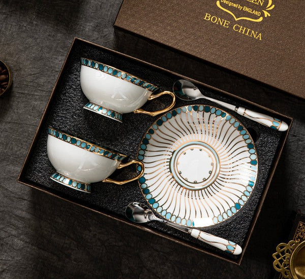 Unique Tea Cup and Saucer in Gift Box, Elegant British Ceramic Coffee Cups, Bone China Porcelain Tea Cup Set for Office, Green Ceramic Cups-ArtWorkCrafts.com
