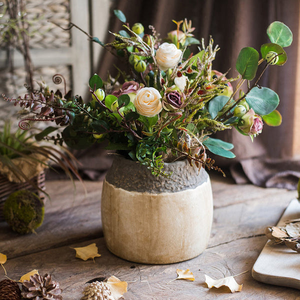Eucalyptus leaves, Rose, Ranunculus Asiaticus Flowers, Beautiful Modern Flower Arrangement for Living Room, Ctreative Artificial Floral for Home Decoration-ArtWorkCrafts.com