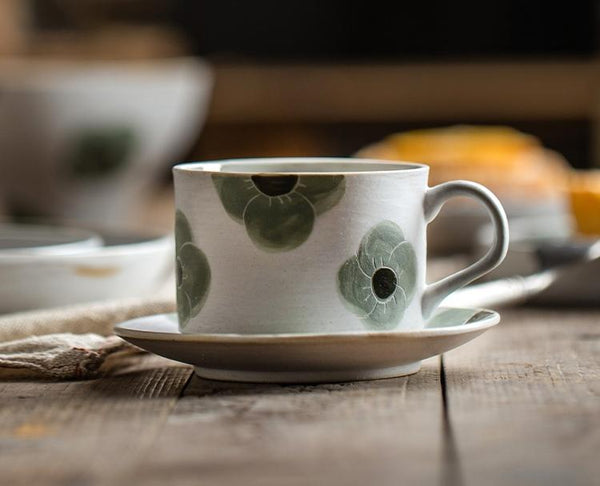 Cappuccino Coffee Cup, Spring Flower Coffee Cup, Rustic Tea Cup, Pottery Coffee Cups, Coffee Cup and Saucer Set-ArtWorkCrafts.com