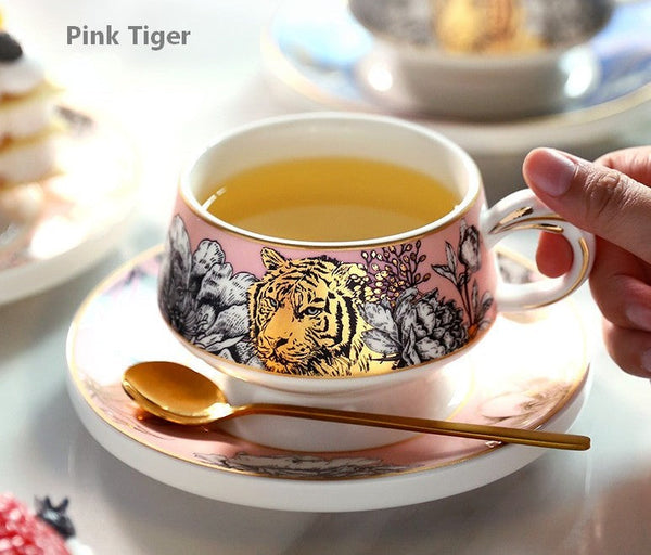 Handmade Ceramic Cups with Gold Trim and Gift Box, Jungle Tiger Cheetah Porcelain Coffee Cups, Creative Ceramic Tea Cups and Saucers-ArtWorkCrafts.com
