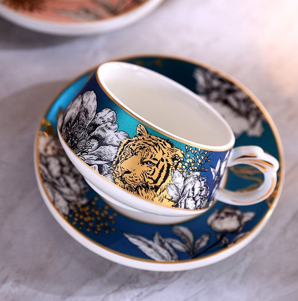 Creative Ceramic Tea Cups and Saucers, Jungle Tiger Cheetah Porcelain Coffee Cups, Unique Ceramic Cups with Gold Trim and Gift Box-ArtWorkCrafts.com