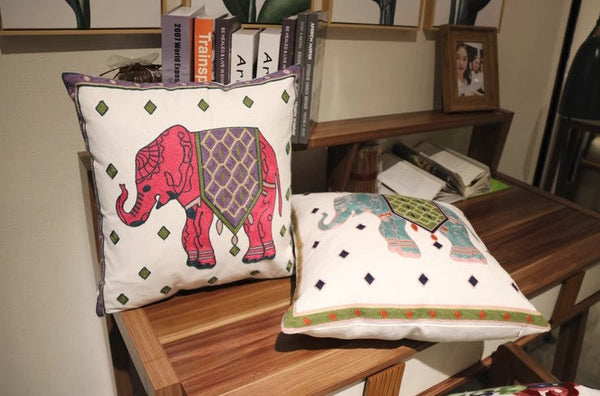 Elephant Embroider Cotton Pillow Covers, Farmhouse Decorative Sofa Pillows, Cotton Decorative Pillows, Decorative Throw Pillows for Couch-ArtWorkCrafts.com