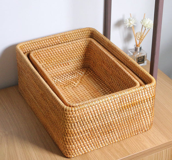Woven Rectangular Basket for Shelves, Rattan Storage Basket, Storage Baskets for Bathroom, Woven Baskets for Living Room-ArtWorkCrafts.com