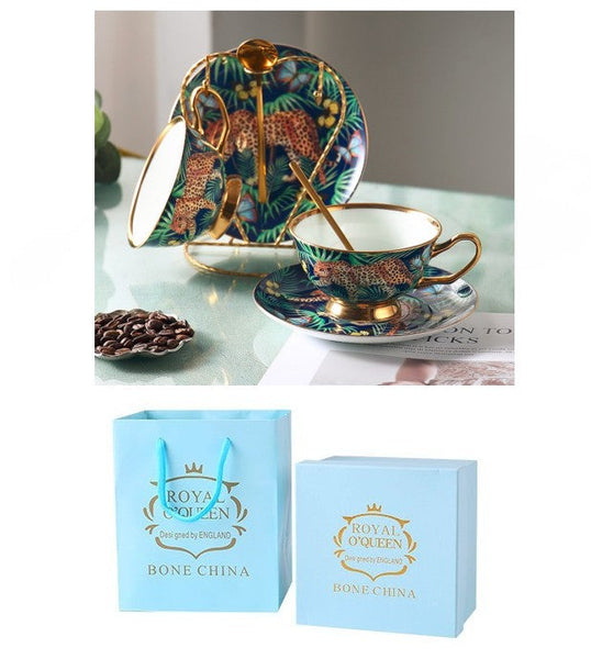 Creative Leopard Ceramic Coffee Cups, Unique Tea Cups and Saucers in Gift Box as Birthday Gift, Beautiful British Tea Cups, Creative Bone China Porcelain Tea Cup Set-ArtWorkCrafts.com