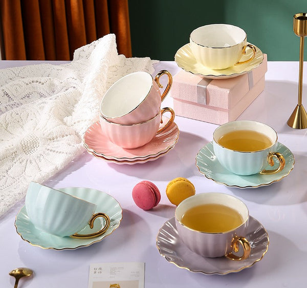 Macaroon Ceramic Coffee Cups, Unique Tea Cups and Saucers in Gift Box as Birthday Gift, Beautiful Elegant British Tea Cups, Creative Bone China Porcelain Tea Cup Set-ArtWorkCrafts.com