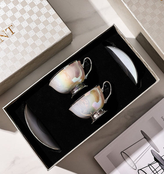 Silver Bone China Porcelain Tea Cup Set, Elegant Ceramic Coffee Cups, Beautiful British Tea Cups, Tea Cups and Saucers in Gift Box as Birthday Gift-ArtWorkCrafts.com