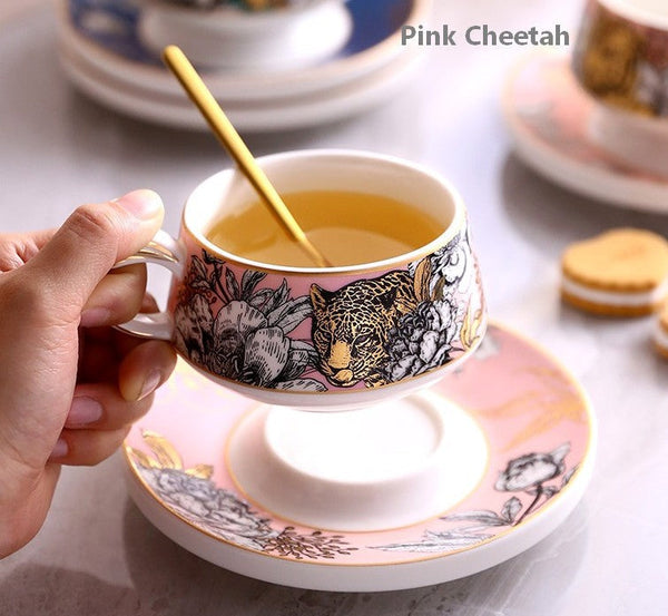Jungle Tiger Cheetah Porcelain Tea Cups, Creative Ceramic Cups and Saucers, Unique Ceramic Coffee Cups with Gold Trim and Gift Box-ArtWorkCrafts.com