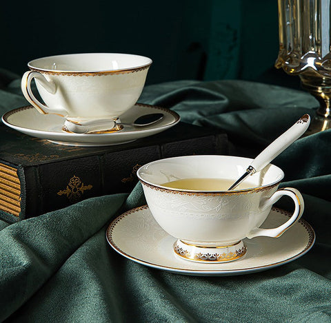 Bone China Porcelain Coffee Cup Set, White Ceramic Cups, Elegant British Ceramic Coffee Cups, Unique Tea Cup and Saucer in Gift Box-ArtWorkCrafts.com
