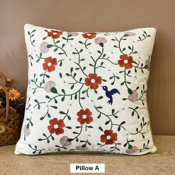 Bird Spring Flower Decorative Throw Pillows, Farmhouse Sofa Decorative Pillows, Embroider Flower Cotton Pillow Covers, Flower Decorative Throw Pillows for Couch-ArtWorkCrafts.com