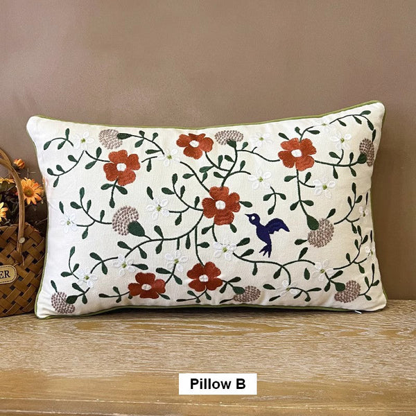 Bird Spring Flower Decorative Throw Pillows, Farmhouse Sofa Decorative Pillows, Embroider Flower Cotton Pillow Covers, Flower Decorative Throw Pillows for Couch-ArtWorkCrafts.com