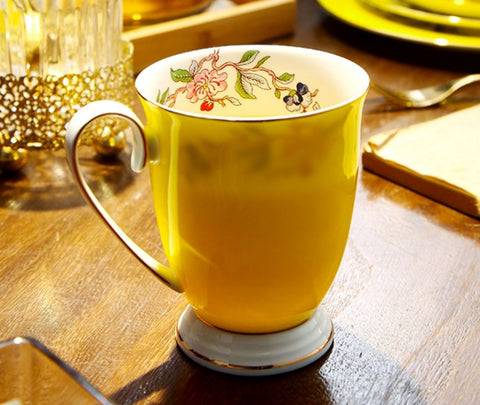 Creative Yellow Bone China Porcelain Tea Cup, Elegant Yellow Ceramic Mug, Unique Royal Ceramic Mugs, Beautiful British Tea Cups-ArtWorkCrafts.com