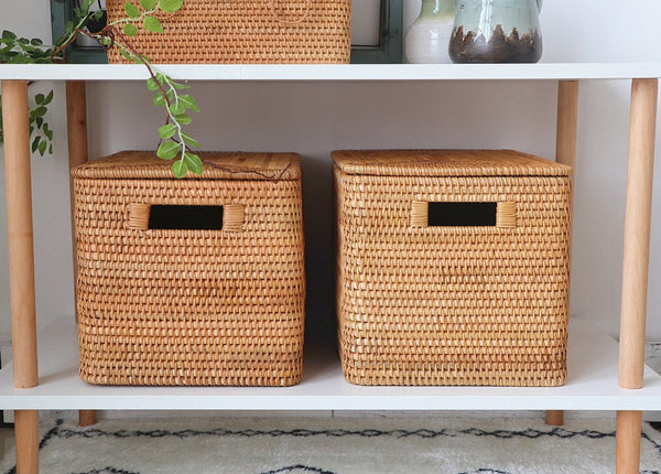 Kitchen Storage Baskets, Rectangular Storage Basket with Lid, Rattan Storage Baskets for Clothes, Storage Baskets for Living Room-ArtWorkCrafts.com