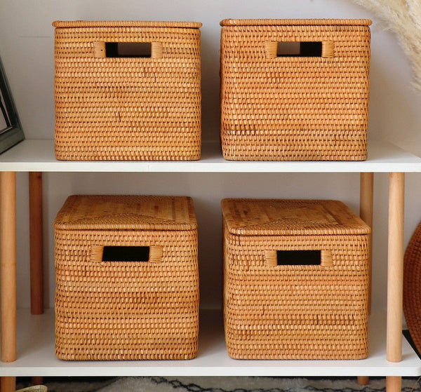 Rectangular Storage Basket with Lid, Rattan Storage Baskets for Clothes, Kitchen Storage Baskets, Oversized Storage Baskets for Living Room-ArtWorkCrafts.com