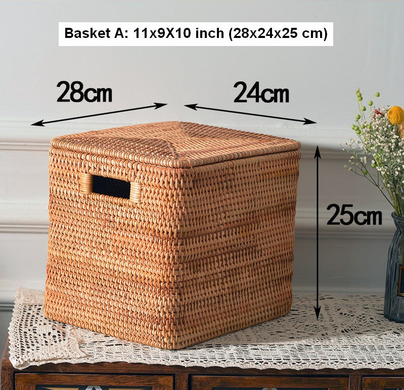 Rattan Storage Basket for Shelves, Rectangular Storage Basket with Lid, Extra Large Storage Baskets for Bedroom, Storage Baskets for Clothes-ArtWorkCrafts.com