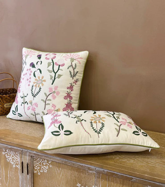 Embroider Flower Cotton Pillow Covers, Spring Flower Decorative Throw Pillows, Farmhouse Sofa Decorative Pillows, Flower Decorative Throw Pillows for Couch-ArtWorkCrafts.com