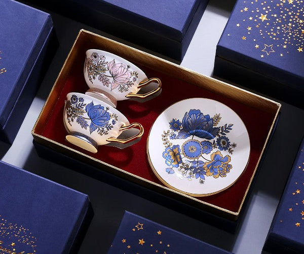 Elegant Ceramic Coffee Cups, Afternoon British Tea Cups, Unique Iris Flower Tea Cups and Saucers in Gift Box, Royal Bone China Porcelain Tea Cup Set-ArtWorkCrafts.com
