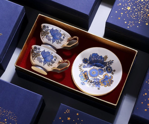 Afternoon British Tea Cups, Unique Iris Flower Tea Cups and Saucers in Gift Box, Elegant Ceramic Coffee Cups, Royal Bone China Porcelain Tea Cup Set-ArtWorkCrafts.com