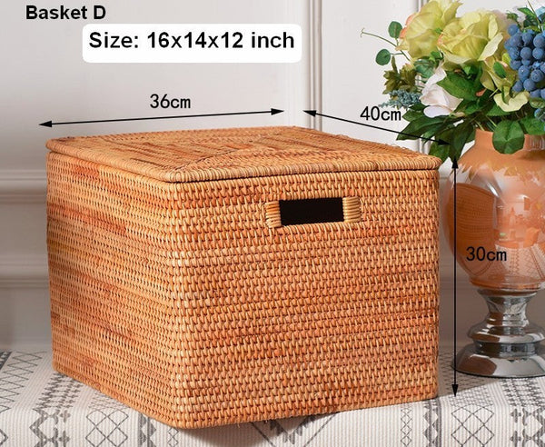 Rectangular Storage Basket with Lid, Woven Rattan Storage Basket for Shelves, Storage Baskets for Bedroom, Pantry Storage Baskets-ArtWorkCrafts.com