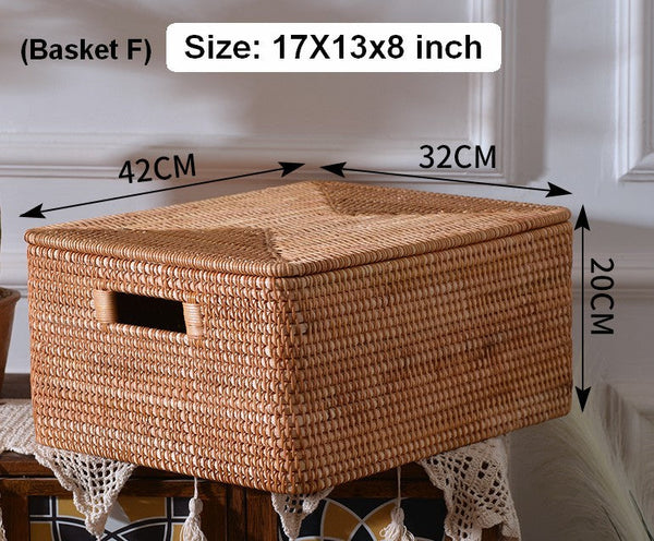 Woven Rectangular Storage Baskets, Rattan Storage Basket with Lid, Storage Baskets for Clothes, Extra Large Storage Baskets for Shelves-ArtWorkCrafts.com