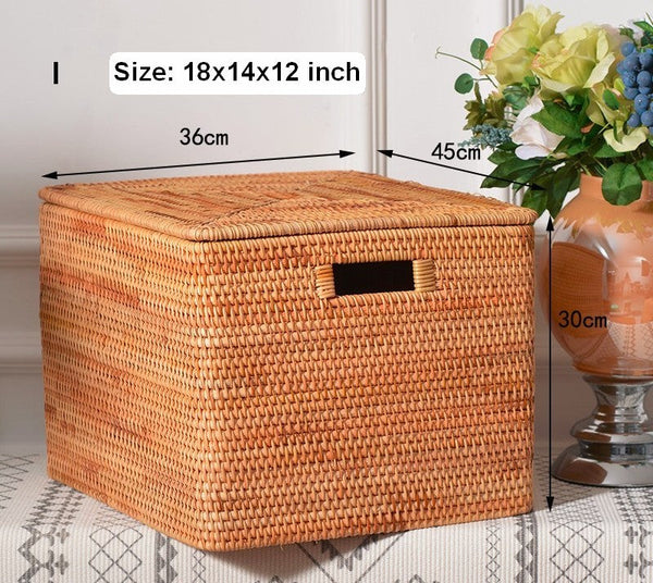 Extra Large Rattan Storage Baskets for Clothes, Rectangular Storage Basket with Lid, Kitchen Storage Baskets, Oversized Storage Baskets for Bedroom-ArtWorkCrafts.com