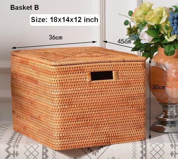 Oversized Storage Baskets for Bedroom, Rectangular Woven Storage Baskets for Clothes, Large Rectangular Storage Basket with Lid, Rattan Storage Case-ArtWorkCrafts.com