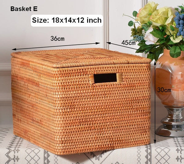 Rectangular Storage Basket with Lid, Rattan Storage Basket for Shelves, Extra Large Storage Baskets for Bedroom, Storage Baskets for Clothes-ArtWorkCrafts.com