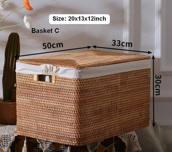 Large Rectangular Storage Basket with Lid, Rattan Storage Case, Storage Baskets for Bedroom, Rectangular Woven Storage Baskets for Clothes-ArtWorkCrafts.com