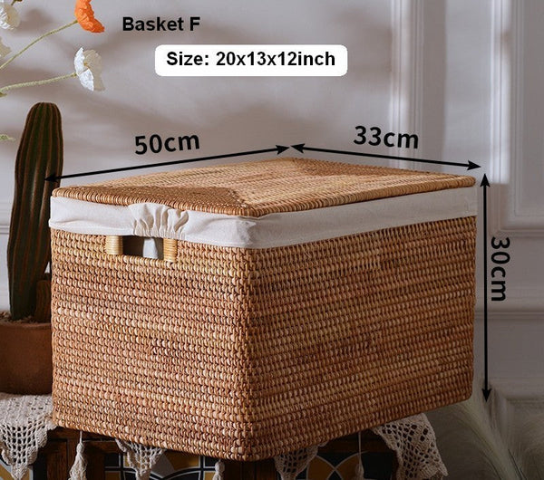 Wicker Rattan Storage Basket for Shelves, Storage Baskets for Bedroom, Rectangular Storage Basket with Lid, Pantry Storage Baskets-ArtWorkCrafts.com