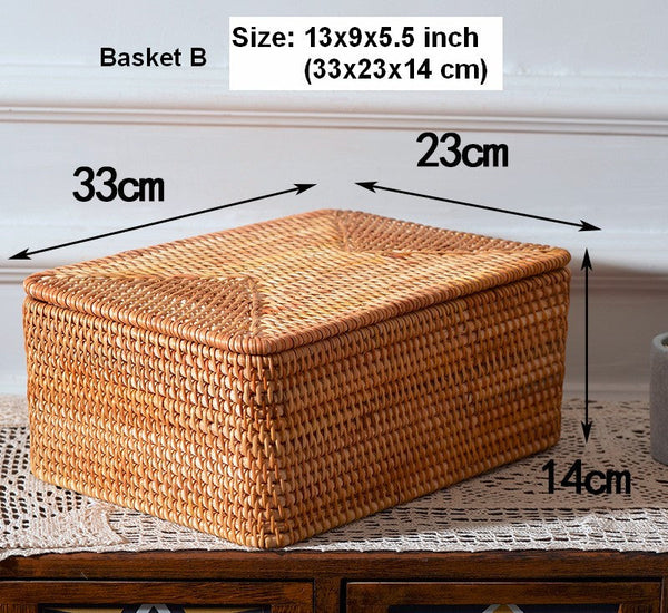 Woven Rattan Baskets, Rectangular Basket with Lid, Rectangular Storage Baskets, Storage Basket for Bedroom, Kitchen Storage Baskets-ArtWorkCrafts.com