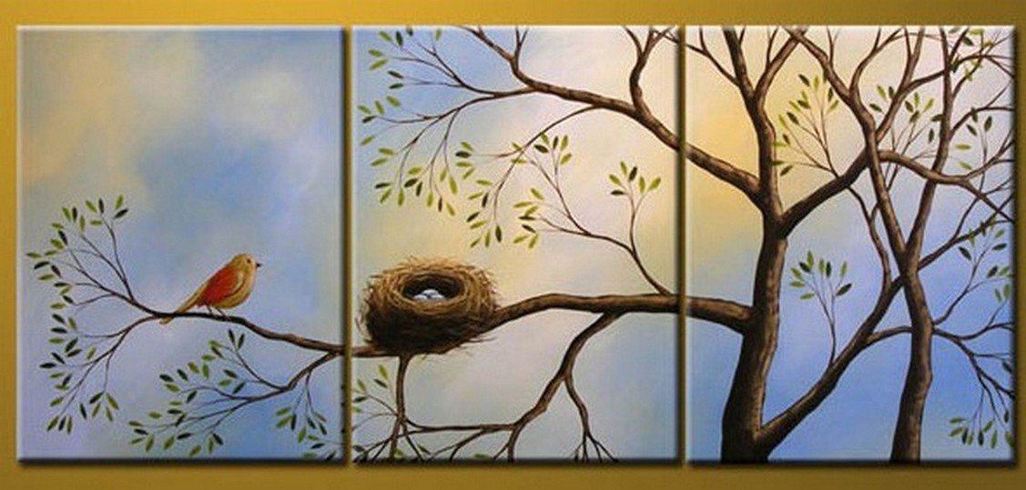 Bird Art, Canvas Painting, Modern Art, 3 Piece Wall Art, Abstract Painting, Tree of Life Painting-ArtWorkCrafts.com