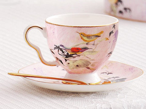 Elegant Pink Ceramic Coffee Cups, Unique Bird Flower Tea Cups and Saucers in Gift Box as Birthday Gift, Beautiful British Tea Cups, Royal Bone China Porcelain Tea Cup Set-ArtWorkCrafts.com