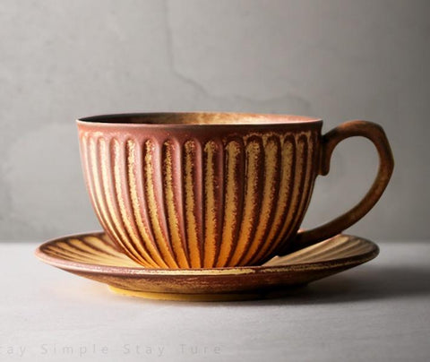 Brown Pottery Coffee Cups, Cappuccino Coffee Mug, Latte Coffee Cup, White Tea Cup, Ceramic Coffee Cup, Coffee Cup and Saucer Set-ArtWorkCrafts.com