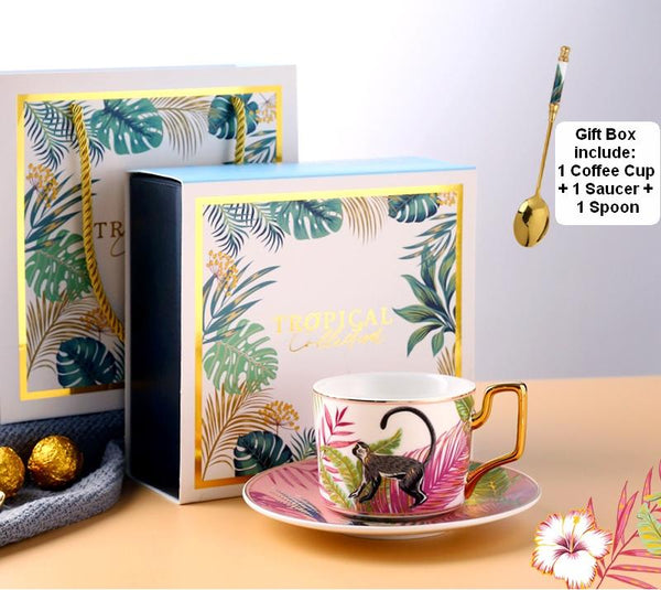 Elegant Tea Cups and Saucers, Jungle Toucan Pattern Porcelain Coffee Cups, Coffee Cups with Gold Trim and Gift Box-ArtWorkCrafts.com