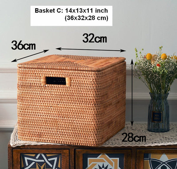Rattan Storage Basket for Shelves, Rectangular Storage Basket with Lid, Extra Large Storage Baskets for Bedroom, Storage Baskets for Clothes-ArtWorkCrafts.com
