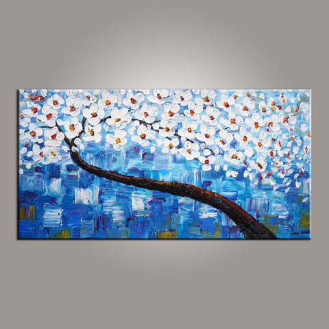 Canvas Art, Blue Flower Tree Painting, Abstract Painting, Painting on Sale, Dining Room Wall Art, Art on Canvas, Modern Art, Contemporary Art-ArtWorkCrafts.com