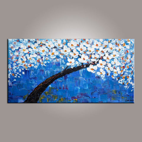 Blue Flower Tree Painting, Canvas Art, Abstract Painting, Painting on Sale, Dining Room Wall Art, Art on Canvas, Modern Art, Contemporary Art-ArtWorkCrafts.com