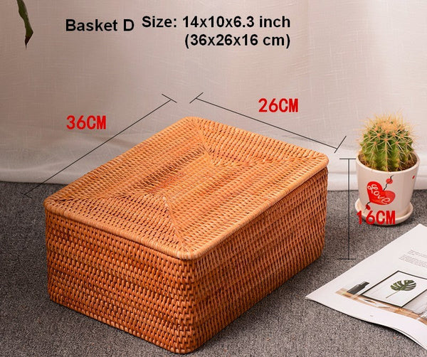 Extra Large Woven Rattan Storage Basket for Bedroom, Rattan Storage Baskets, Rectangular Woven Basket with Lid, Storage Baskets for Shelves-ArtWorkCrafts.com