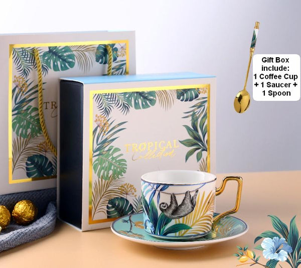 Handmade Coffee Cups with Gold Trim and Gift Box, Tea Cups and Saucers, Jungle Tiger Porcelain Coffee Cups-ArtWorkCrafts.com