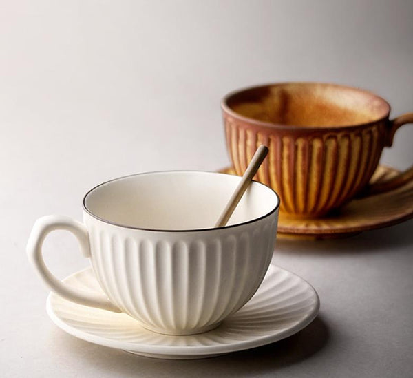 Brown Pottery Coffee Cups, Cappuccino Coffee Mug, Latte Coffee Cup, White Tea Cup, Ceramic Coffee Cup, Coffee Cup and Saucer Set-ArtWorkCrafts.com