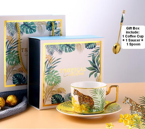Coffee Cups with Gold Trim and Gift Box, Jungle Leopard Pattern Porcelain Coffee Cups, Tea Cups and Saucers-ArtWorkCrafts.com